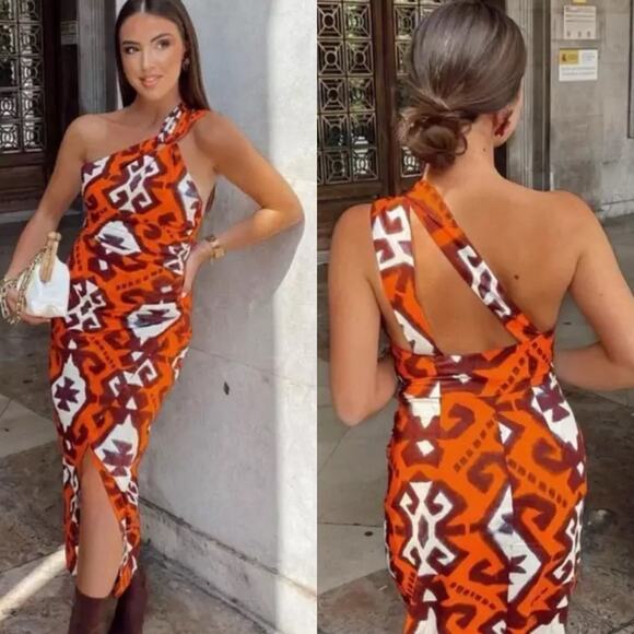 Zara Orange Brown Geometric Faux Wrap One Shoulder Midi Dress Blogger Small - Picture 1 of 15